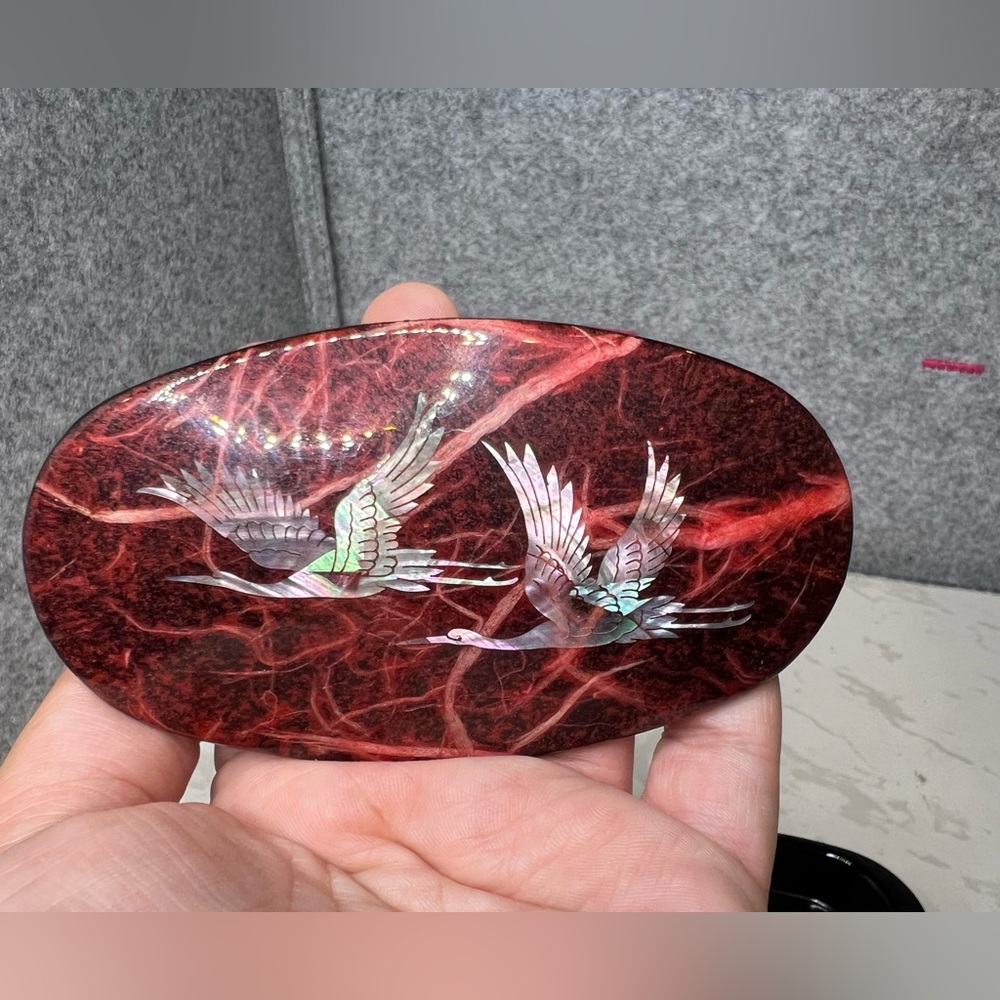 VTG Mother Of Pearl  Flying Birds Inlaid Lacquered Dresser Red  Trinket Box